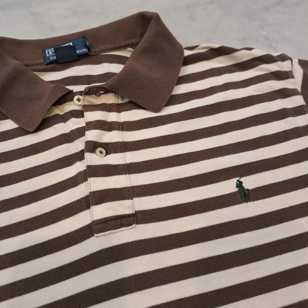 Vtg Y2K Polo Ralph Lauren Polo Shirt 2XB Brown Cream Striped SS Preppy AS IS